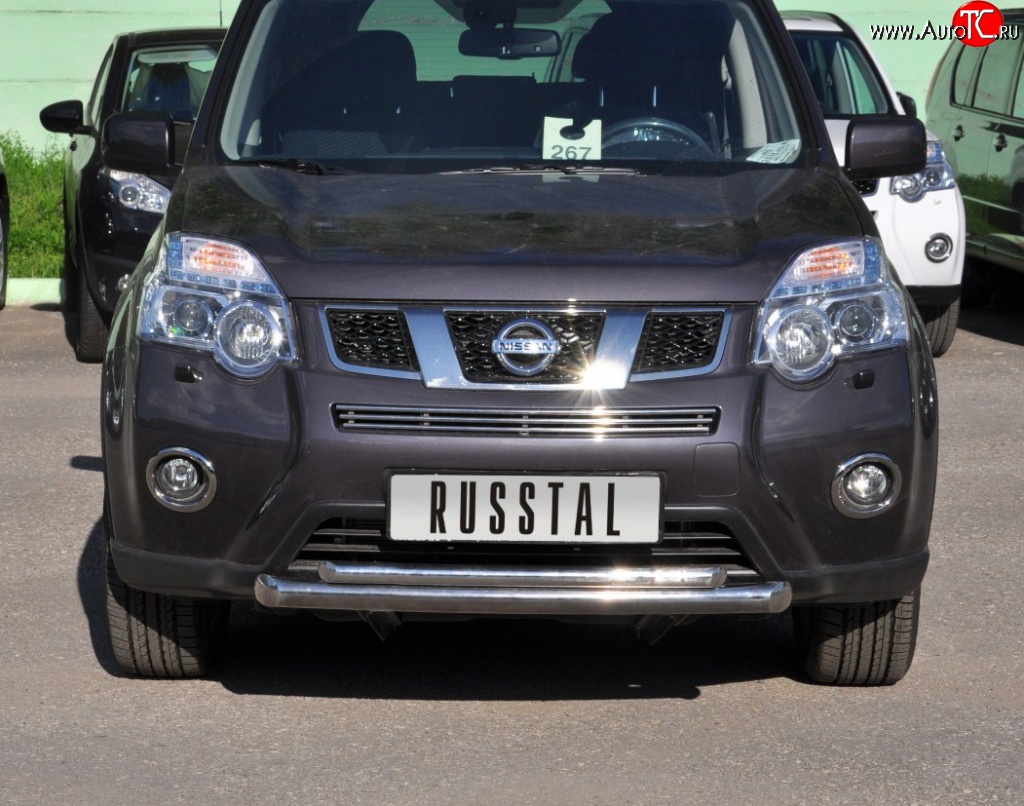 10 899 р. Защита переднего бампера (2 трубыØ63 и 42 мм, нержавейка) Russtal Nissan X-trail 2 T31 рестайлинг (2010-2015)  с доставкой в г. Керчь