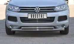 Защита переднего бампера (2 трубыØ76 и 63 мм, нержавейка) SLITKOFF Volkswagen Touareg  NF (2010-2014) дорестайлинг