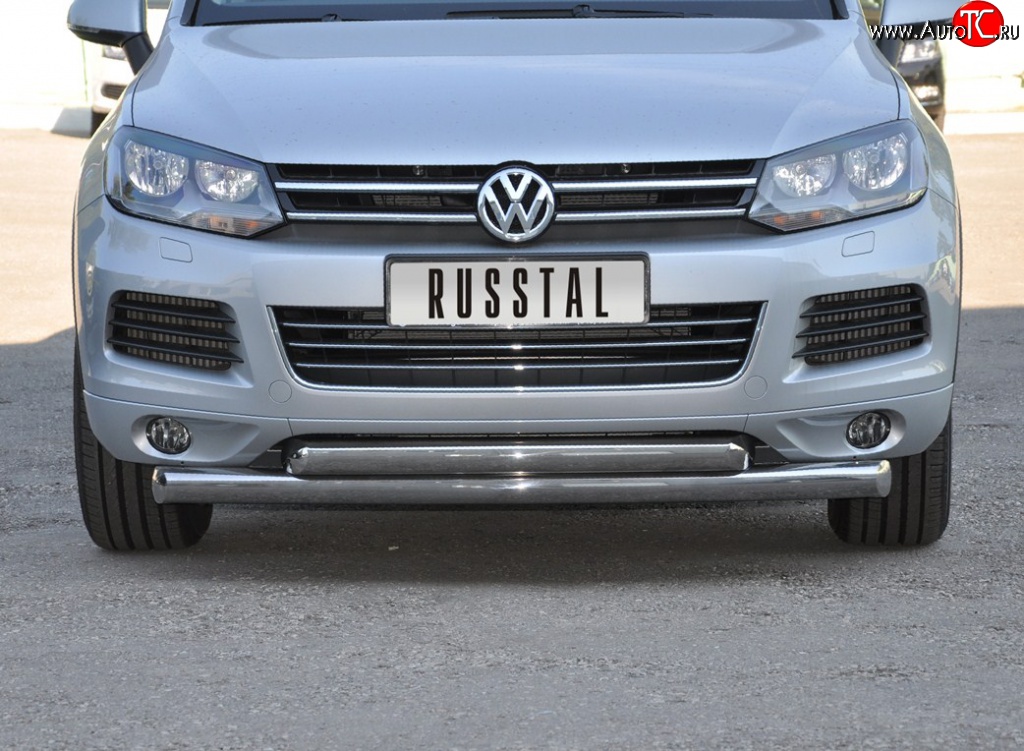 22 549 р. Защита переднего бампера (2 трубыØ76 и 63 мм, нержавейка) SLITKOFF Volkswagen Touareg NF дорестайлинг (2010-2014)  с доставкой в г. Керчь