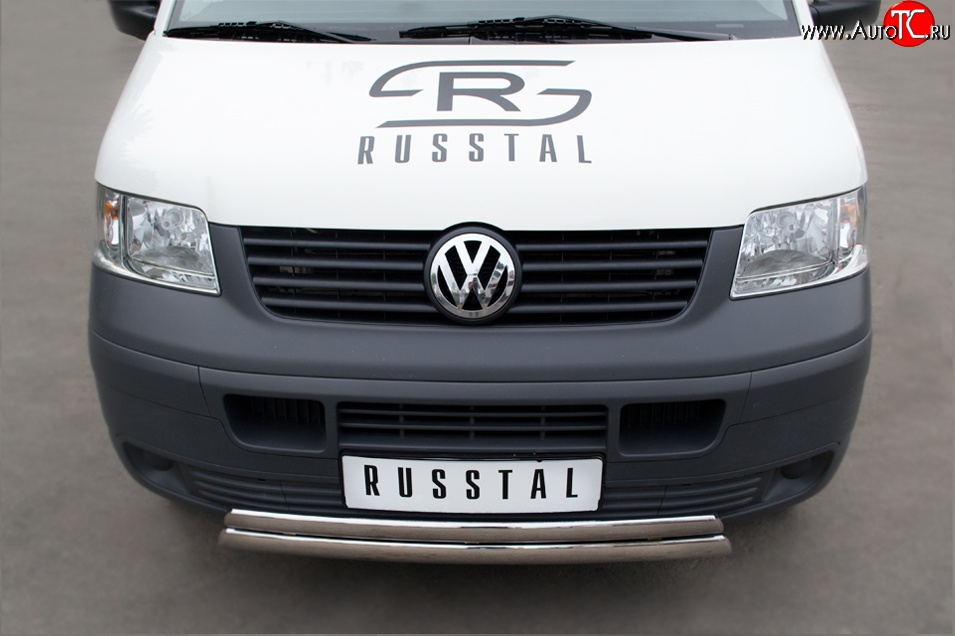 16 849 р. Защита переднего бампера (2 трубыØ75х42 мм, нержавейка) Russtal Volkswagen Transporter T5 дорестайлинг (2003-2009)  с доставкой в г. Керчь
