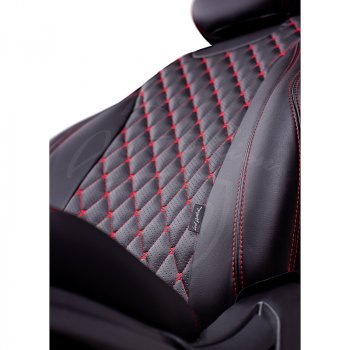 Чехлы для сидений Lord Autofashion Байрон (экокожа) Nissan Juke  1 YF15 (2010-2020) дорестайлинг, рестайлинг (Черный, вставка черная, строчка красная)