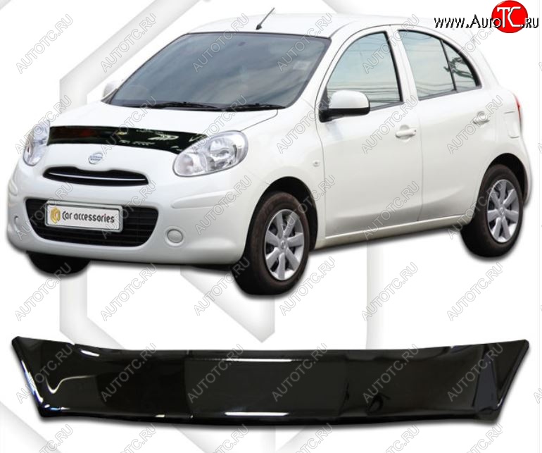 1 999 р. Дефлектор капота CA-Plastic Nissan Micra K13 5 дв. дорестайлинг (2010-2013) (Classic черный, Без надписи)  с доставкой в г. Керчь
