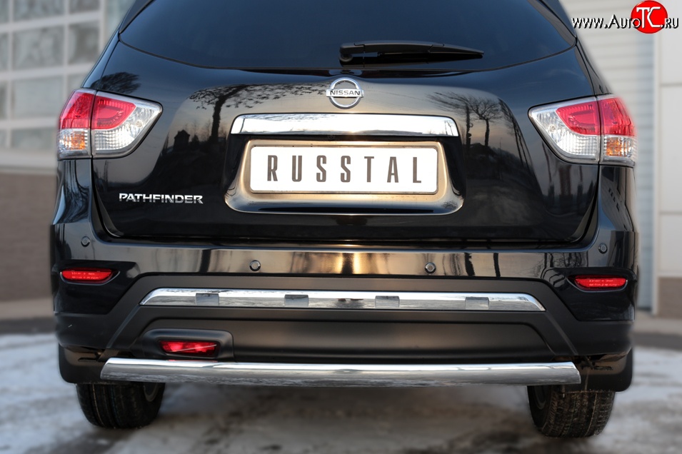 11 599 р. Защита заднего бампера (Ø75x42 мм, нержавейка) Russtal Nissan Pathfinder R52 дорестайлинг (2012-2017)  с доставкой в г. Керчь