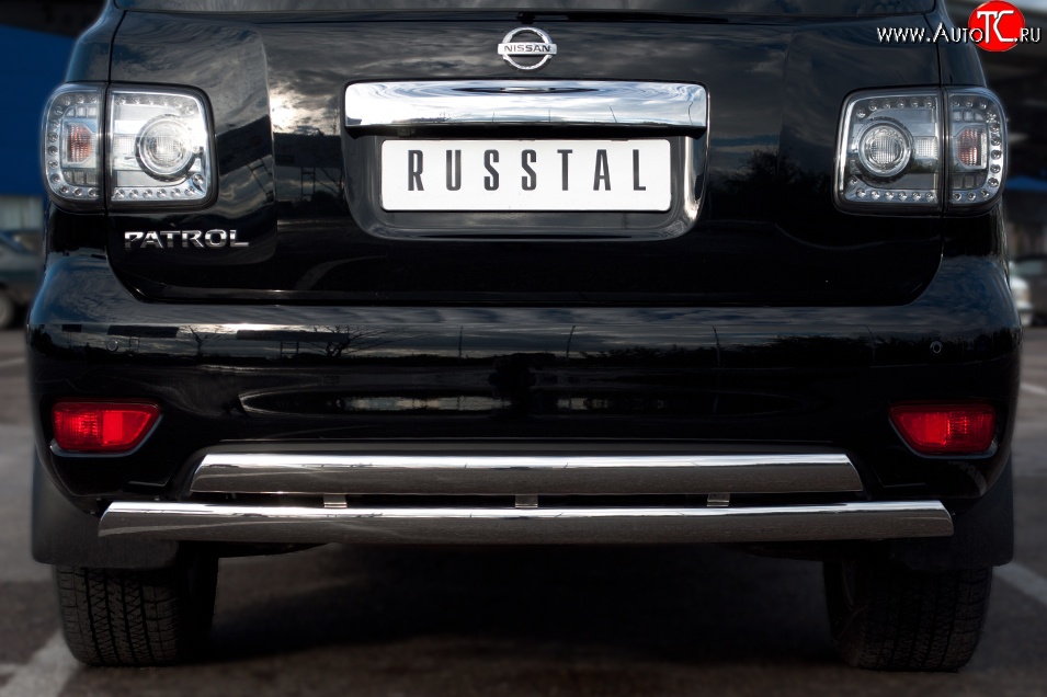 17 999 р. Защита заднего бампера (2 трубы Ø76х42 мм, нержавейка) Russtal Nissan Patrol 6 Y62 дорестайлинг (2010-2014)  с доставкой в г. Керчь