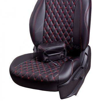 19 649 р. Чехлы для сидений Lord Autofashion Байрон (экокожа, раздельная спинка, подлокотник, 3 Г-образных подголовника) Nissan Qashqai 1 дорестайлинг (2007-2010) (Черный, вставка черная, строчка красная)  с доставкой в г. Керчь. Увеличить фотографию 3