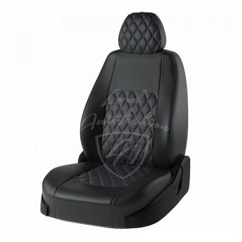 Чехлы для сидений Lord Autofashion Турин Ромб (экокожа, 60/40, 2 П- и 1 Г-образных подголовника) Nissan Terrano  D10 (2013-2022), Renault Duster  HS (2010-2021) (Черный, вставка черная, строчка синяя)