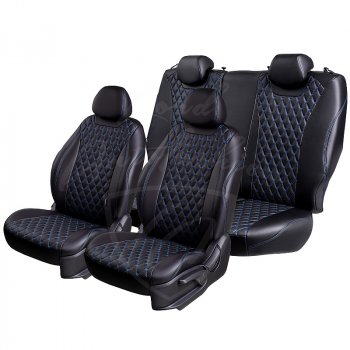 Чехлы для сидений Lord Autofashion Байрон (экокожа, 60/40, 2 П- и 1 Г-образных подголовника) Nissan Terrano  D10 (2016-2022), Renault Duster  HS (2015-2021) (Черный, вставка черная, строчка синяя)