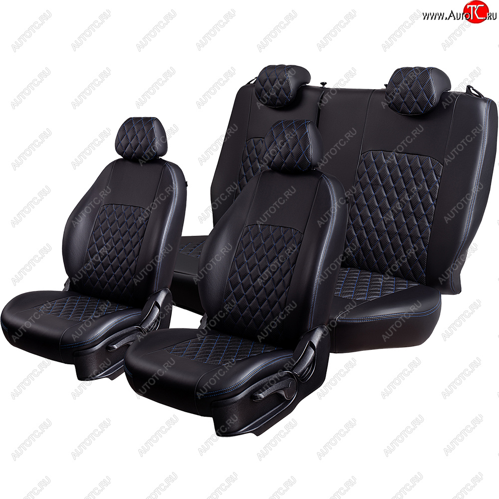 9 449 р. Чехлы для сидений Lord Autofashion Турин Ромб (экокожа, 60/40, 2 П- и 1 Г-образных подголовника)  Nissan Terrano  D10 (2016-2022) рестайлинг (Черный, вставка черная, строчка синяя)  с доставкой в г. Керчь