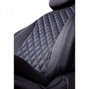 9 299 р. Чехлы для сидений Lord Autofashion Байрон (экокожа, 60/40, 2 П- и 1 Г-образных подголовника)  Nissan Terrano  D10 (2013-2016), Renault Duster  HS (2010-2015) (Черный, вставка черная, строчка синяя)  с доставкой в г. Керчь. Увеличить фотографию 3