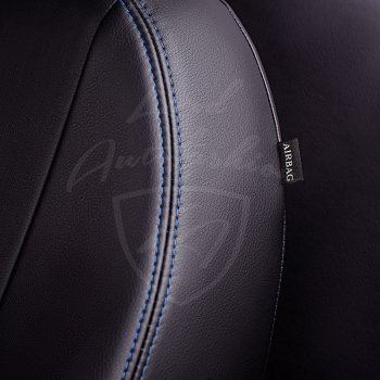 9 449 р. Чехлы для сидений Lord Autofashion Турин Ромб (экокожа)  Peugeot 307 ( хэтчбэк 3 дв.,  хэтчбэк 5 дв.) (2001-2008) дорестайлинг, рестайлинг (Черный, вставка черная, строчка синяя)  с доставкой в г. Керчь. Увеличить фотографию 4