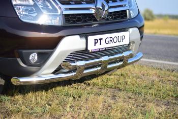 27 199 р. Защита переднего бампера PT GROUP двойная с пластинами Ø63/63мм (НПС) RENAULT Duster 2016- Renault Duster HS рестайлинг (2015-2021) (Нержавеющая полированная сталь)  с доставкой в г. Керчь. Увеличить фотографию 4