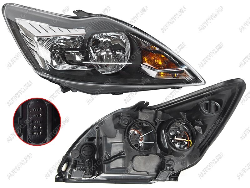 4 599 р. Правая фара SAT (с эл. корректором, чёрная) Ford Focus 2 хэтчбэк 3 дв. рестайлинг (2007-2011)  с доставкой в г. Керчь