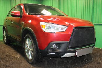 7 249 р. Защитная сетка в бампер (3D, ячейка 4х10 мм) Alfeco Премиум  Mitsubishi ASX (2010-2012) дорестайлинг (Чёрная)  с доставкой в г. Керчь. Увеличить фотографию 3