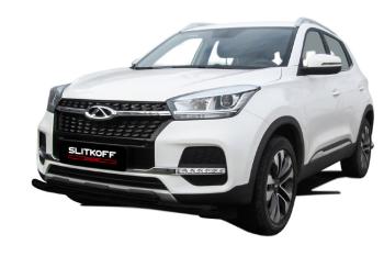 Защита переднего бампера d57+d42 двойная Slitkoff Chery Tiggo 4 1-ый рестайлинг (2018-2023) (нержавейка с полимерным покрытием в цвет черный)