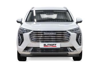 Защита переднего бампера d57+d57 двойная Slitkoff Haval Jolion (2020-2024) дорестайлинг ( Сталь с полимерным покрытием в цвет черный)