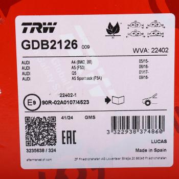8 599 р. Колодки тормозные AUDI A4 (15-) передние (4шт.) TRW TRW gdb2126  с доставкой в г. Керчь. Увеличить фотографию 5