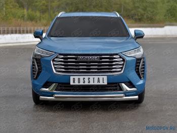 Защита переднего бампера d63 секции d42 дуга (кроме COMFORT) SLITKOFF Haval Jolion (2020-2024) дорестайлинг (нержавейка полированная)