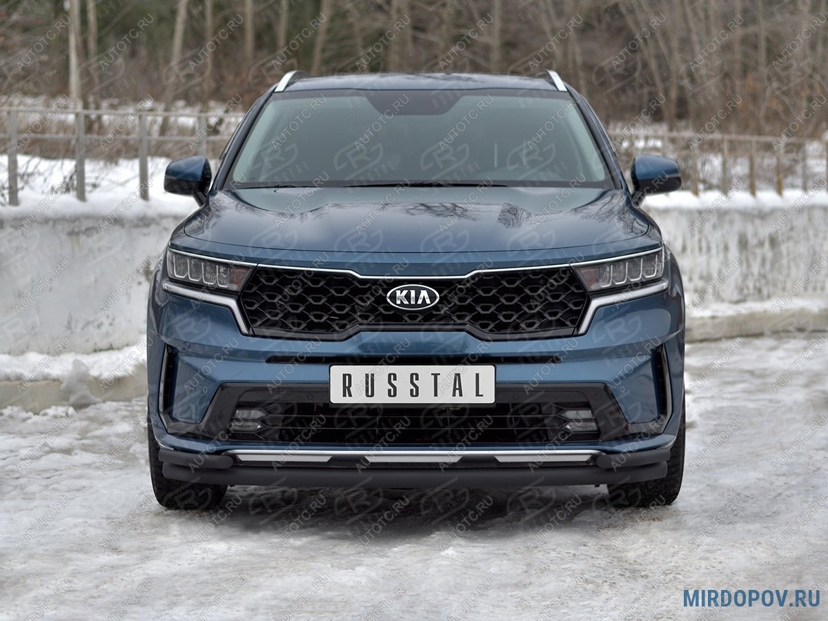 12 949 р. Защита переднего бампера d63 секции-d42 уголки SLITKOFF KIA Sorento MQ4 (2020-2022) (нержавейка окрашенная в черный цыет)  с доставкой в г. Керчь