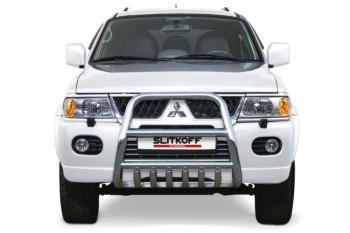 Защита переднего бампера кенгурятник d57 высокий Slitkoff Mitsubishi Pajero Sport  PA (2004-2008) рестайлинг (Сталь с полимерным покрытием в цвет серебристый)