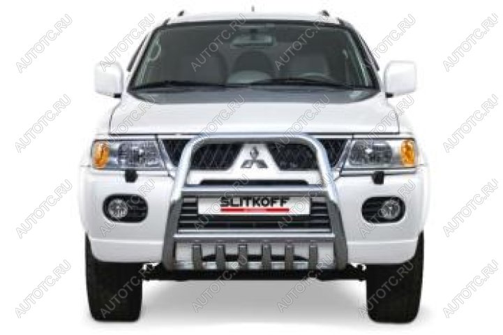 18 399 р. Защита переднего бампера кенгурятник d57 высокий Slitkoff  Mitsubishi Pajero Sport  PA (2004-2008) рестайлинг (Сталь с полимерным покрытием в цвет серебристый)  с доставкой в г. Керчь
