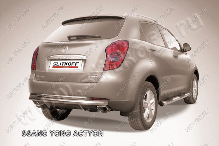 11 599 р. Защита заднего бампера d57+d42 двойная длинная Slitkoff SSANGYONG Actyon дорестайлинг (2010-2013) (нержавейка полированная)  с доставкой в г. Керчь