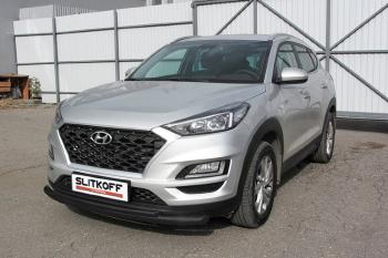 Защита переднего бампера d57+d42 двойная Slitkoff Hyundai Tucson  TL (2018-2021) рестайлинг (  Сталь с полимерным покрытием в цвет черный)