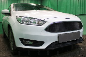 3 079 р. Защитная сетка в бампер (верх, ячейка 3х7 мм, кроме компл.Titanium) Alfeco Стандарт Ford Focus 3 седан рестайлинг (2014-2019) (Чёрная)  с доставкой в г. Керчь. Увеличить фотографию 3