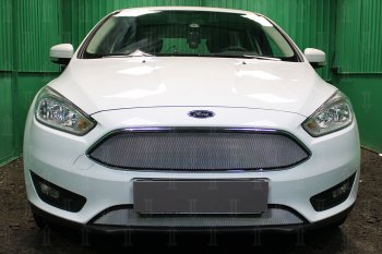 Защитная сетка в бампер (низ, ячейка 3х7 мм) Alfeco Стандарт Ford Focus 3 седан рестайлинг (2014-2019) (Хром)