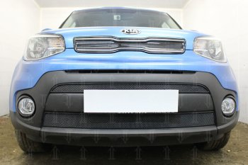 Защитная сетка в бампер (2 части, ячейка 3х7 мм) Alfeco Стандарт KIA Soul  PS (2017-2019) рестайлинг (Чёрная)