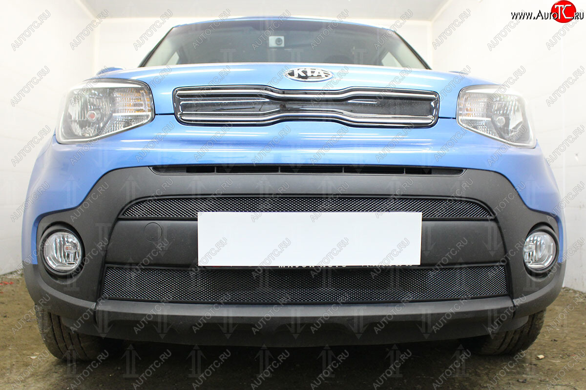 4 849 р. Защитная сетка в бампер (2 части, ячейка 3х7 мм) Alfeco Стандарт  KIA Soul  PS (2017-2019) рестайлинг (Чёрная)  с доставкой в г. Керчь