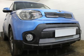 4 999 р. Защитная сетка в бампер (2 части, ячейка 3х7 мм) Alfeco Стандарт  KIA Soul  PS (2017-2019) рестайлинг (Хром)  с доставкой в г. Керчь. Увеличить фотографию 2