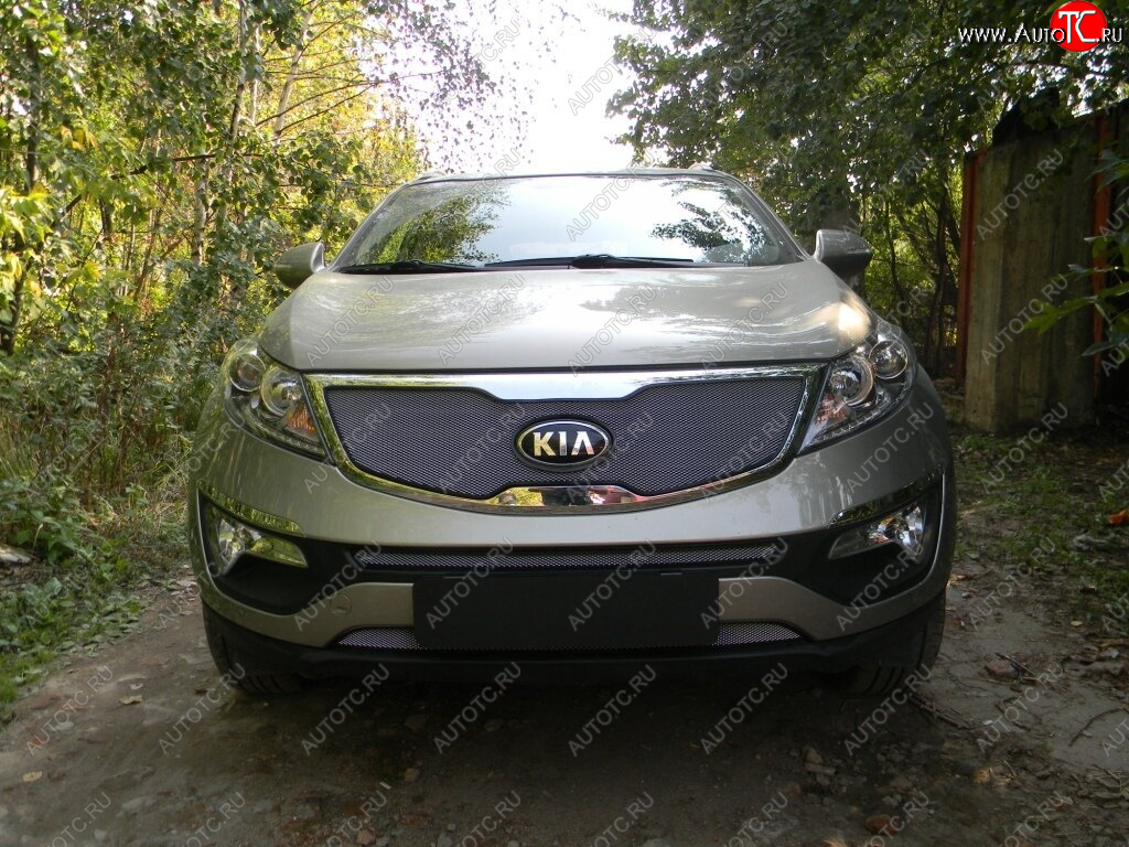 3 299 р. Защитная сетка в бампер (верх, ячейка 3х7 мм) Alfeco Стандарт  KIA Sportage  3 SL (2010-2014) дорестайлинг (Хром)  с доставкой в г. Керчь