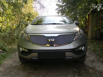 Защитная сетка в бампер (середина, ячейка 3х7 мм) Alfeco Стандарт KIA Sportage  3 SL (2010-2016) дорестайлинг, рестайлинг (хром)