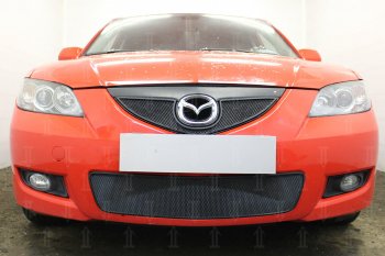 Защитная сетка в бампер (верх, ячейка 3х7 мм) Alfeco Стандарт Mazda 3/Axela  BK (2006-2009) рестайлинг седан (Чёрная)