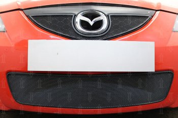 Защитная сетка в бампер (низ, ячейка 3х7 мм) Alfeco Стандарт Mazda 3/Axela  BK (2006-2009) рестайлинг седан (Чёрная)