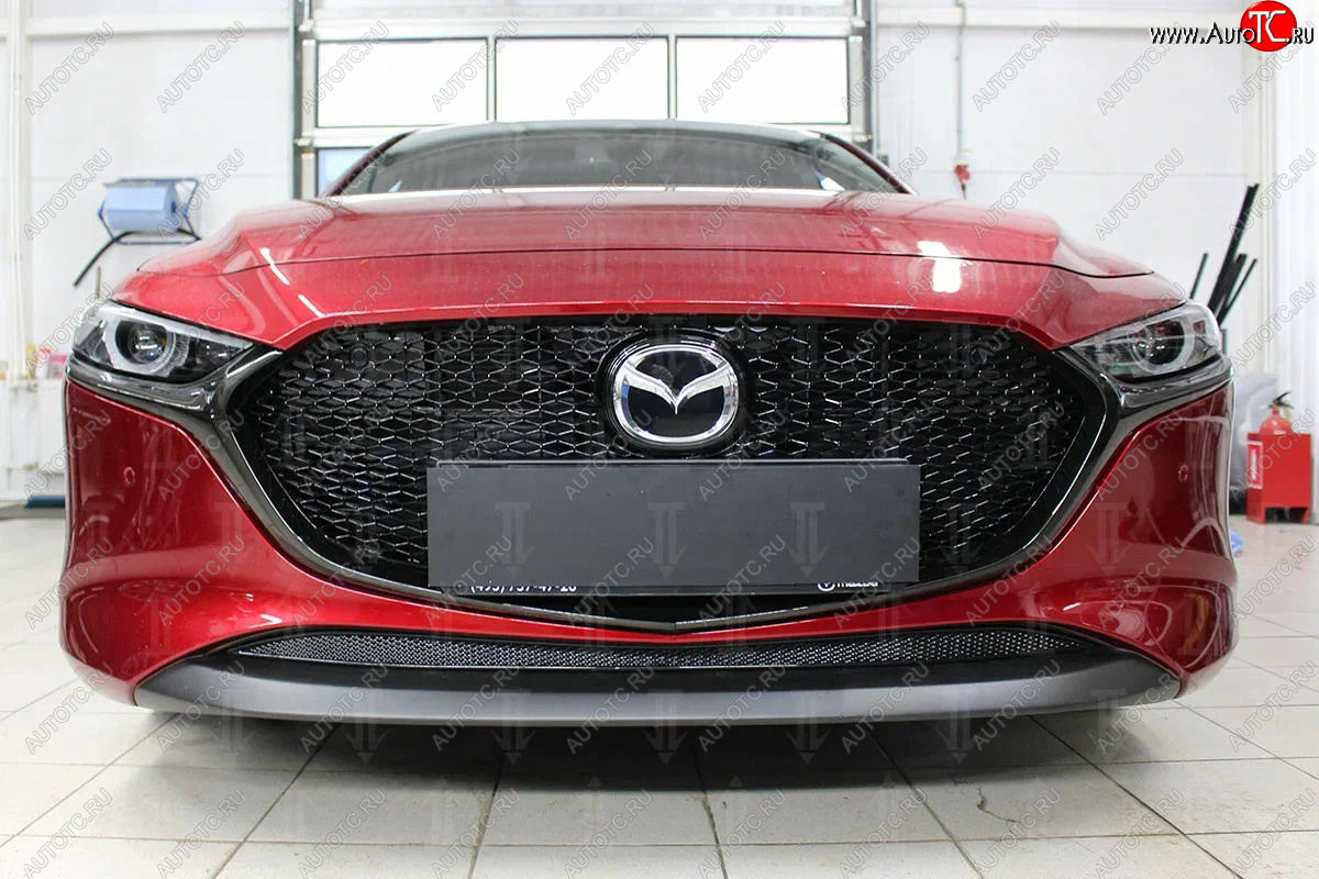 2 899 р. Защитная сетка в бампер (низ, ячейка 3х7 мм) Alfeco Стандарт  Mazda 3/Axela  BP (2019-2025) хэтчбэк (Чёрная)  с доставкой в г. Керчь