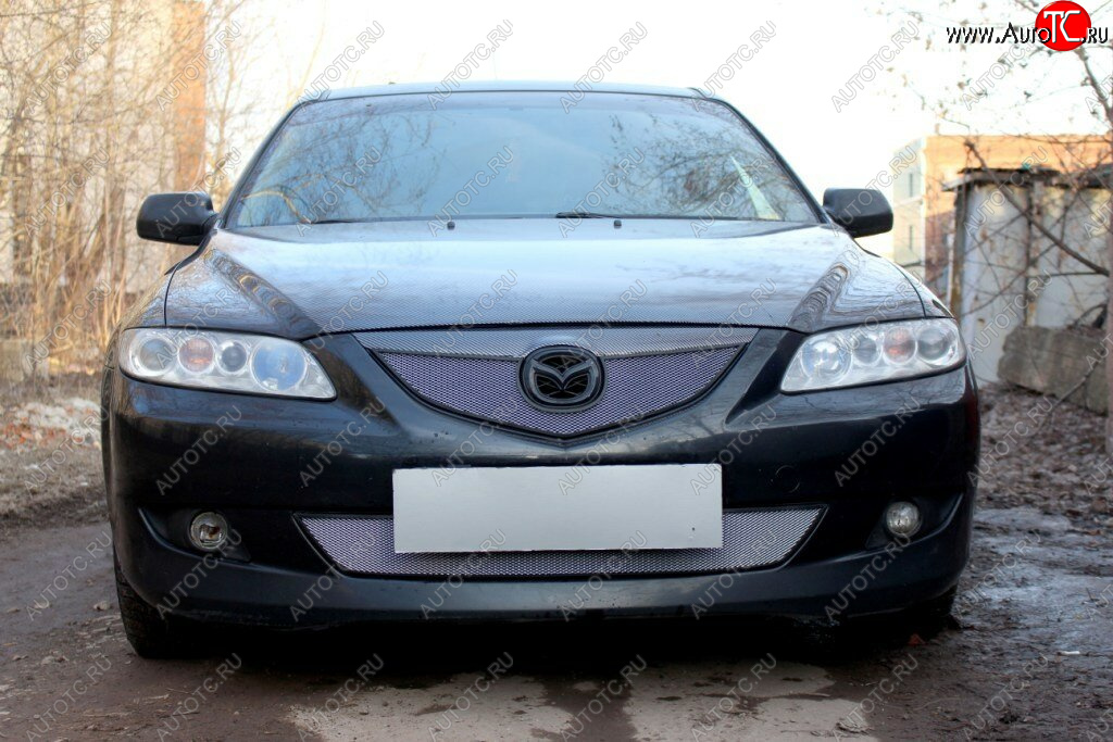 3 199 р. Защитная сетка в бампер (верх, ячейка 3х7 мм) Alfeco Стандарт Mazda 6 GG седан дорестайлинг (2002-2005) (Хром)  с доставкой в г. Керчь