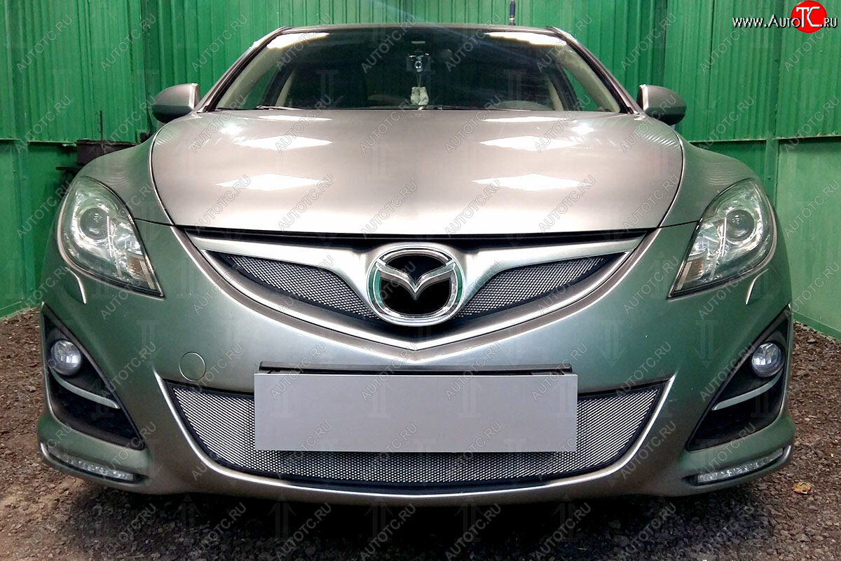 3 099 р. Защитная сетка в бампер (низ, ячейка 3х7 мм) Alfeco Стандарт Mazda 6 GH рестайлинг лифтбэк (2010-2012) (Хром)  с доставкой в г. Керчь