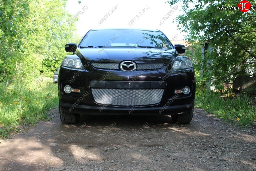 3 399 р. Защитная сетка в бампер (низ, ячейка 3х7 мм) Alfeco Стандарт Mazda CX-7 ER дорестайлинг (2006-2010) (Хром)  с доставкой в г. Керчь