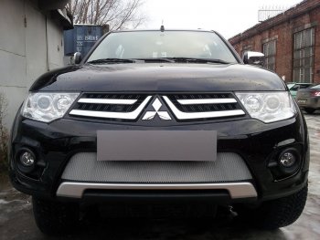 Защитная сетка в бампер (низ, ячейка 3х7 мм) Alfeco Стандарт Mitsubishi L200 4  рестайлинг (2013-2016) (Хром)