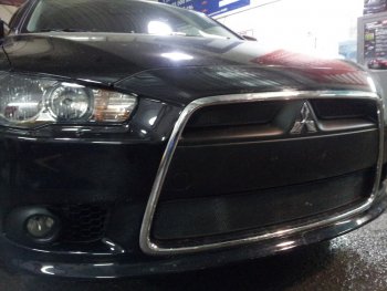 5 849 р. Защитная сетка в бампер (3 части, ячейка 3х7 мм) Alfeco Стандарт Mitsubishi Lancer 10 CY седан рестайлинг (2011-2017) (Чёрная)  с доставкой в г. Керчь. Увеличить фотографию 3