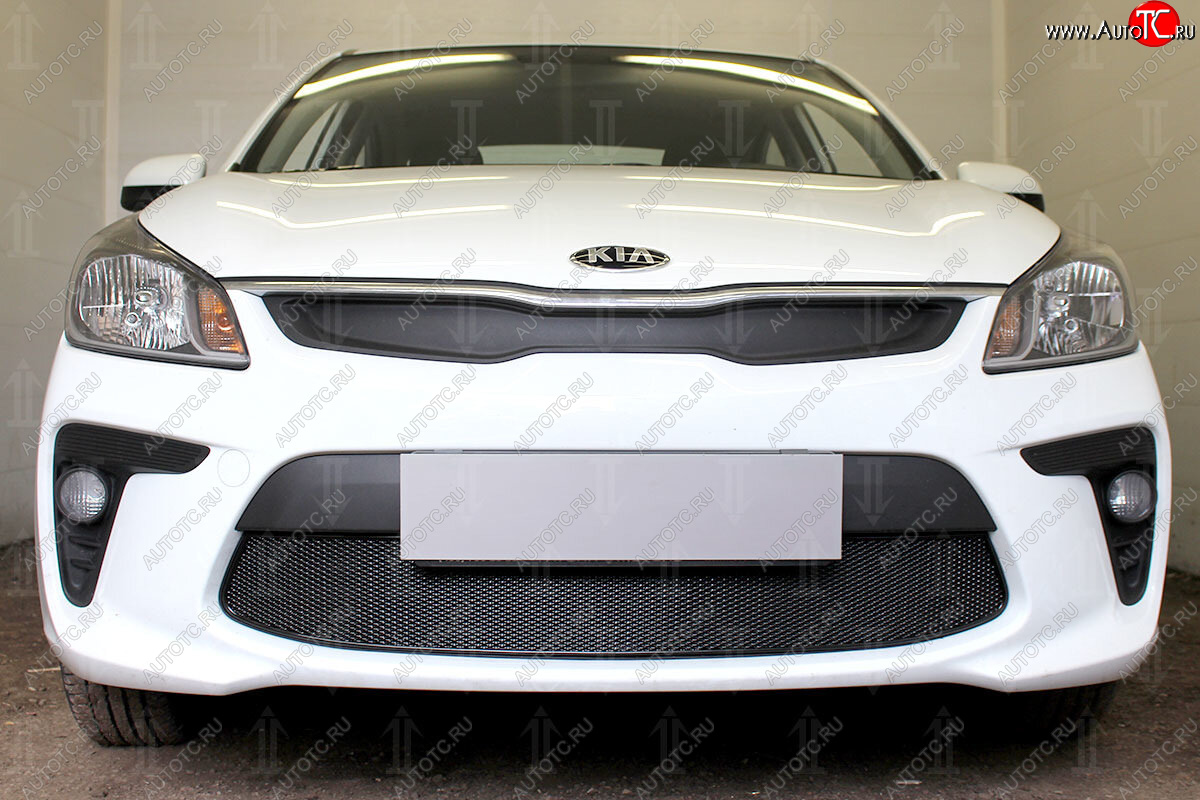 4 299 р. Защитная сетка в бампер (низ, ячейка 4х10 мм) Alfeco Премиум  KIA Rio  4 YB (2017-2020) дорестайлинг, хэтчбэк (Чёрная)  с доставкой в г. Керчь