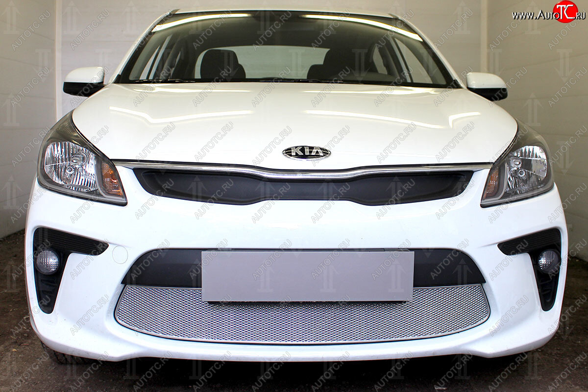 4 199 р. Защитная сетка в бампер (низ, ячейка 4х10 мм) Alfeco Премиум  KIA Rio  4 YB (2017-2020) дорестайлинг, хэтчбэк (Хром)  с доставкой в г. Керчь