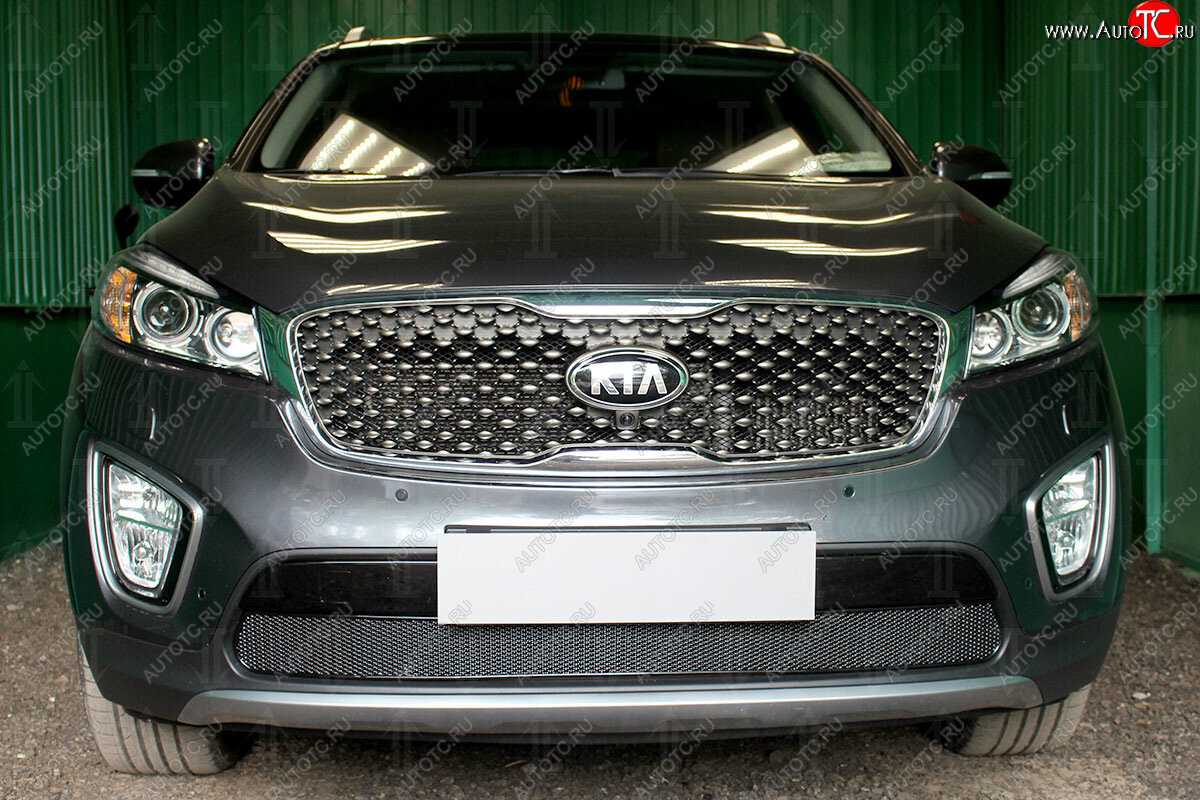 4 299 р. Защитная сетка в бампер (низ, ячейка 4х10 мм) Alfeco Премиум KIA Sorento UM/Prime дорестайлинг (2014-2018) (Чёрная)  с доставкой в г. Керчь
