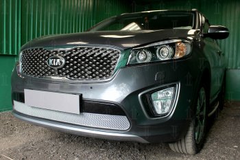4 549 р. Защитная сетка в бампер (низ, ячейка 4х10 мм) Alfeco Премиум KIA Sorento UM/Prime дорестайлинг (2014-2018) (Хром)  с доставкой в г. Керчь. Увеличить фотографию 3