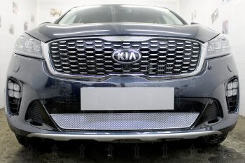Защитная сетка в бампер (низ, ячейка 4х10 мм) Alfeco Премиум KIA Sorento UM/Prime рестайлинг (2018-2020) (Хром)