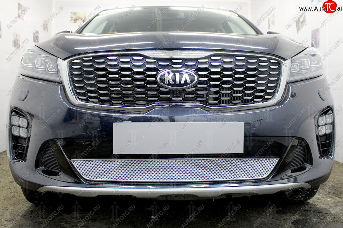 4 299 р. Защитная сетка в бампер (низ, ячейка 4х10 мм) Alfeco Премиум KIA Sorento UM/Prime рестайлинг (2018-2020) (Хром)  с доставкой в г. Керчь