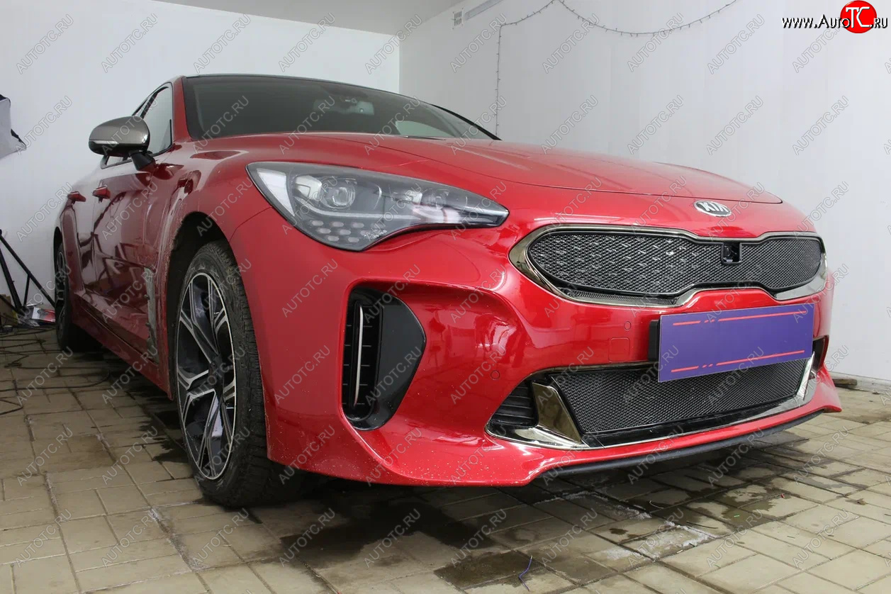 6 249 р. Защитная сетка в бампер (верх, ячейка 4х10 мм) Alfeco Премиум KIA Stinger (2017-2025) (Чёрная)  с доставкой в г. Керчь