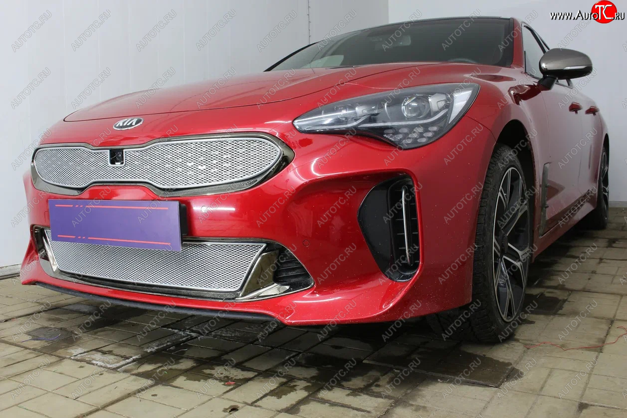 6 299 р. Защитная сетка в бампер (верх, ячейка 4х10 мм) Alfeco Премиум KIA Stinger (2017-2025) (Хром)  с доставкой в г. Керчь