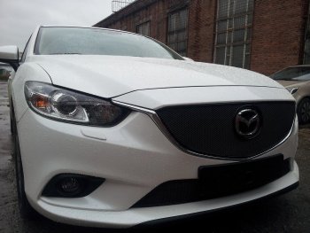 5 549 р. Защитная сетка в бампер (верх, ячейка 4х10 мм) Alfeco Премиум Mazda 6 GJ дорестайлинг седан (2012-2015) (Чёрная)  с доставкой в г. Керчь. Увеличить фотографию 2